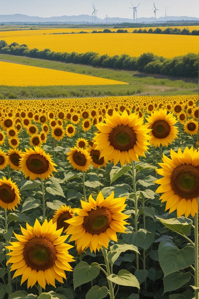 A beautiful landscape of sunflowers and windmills