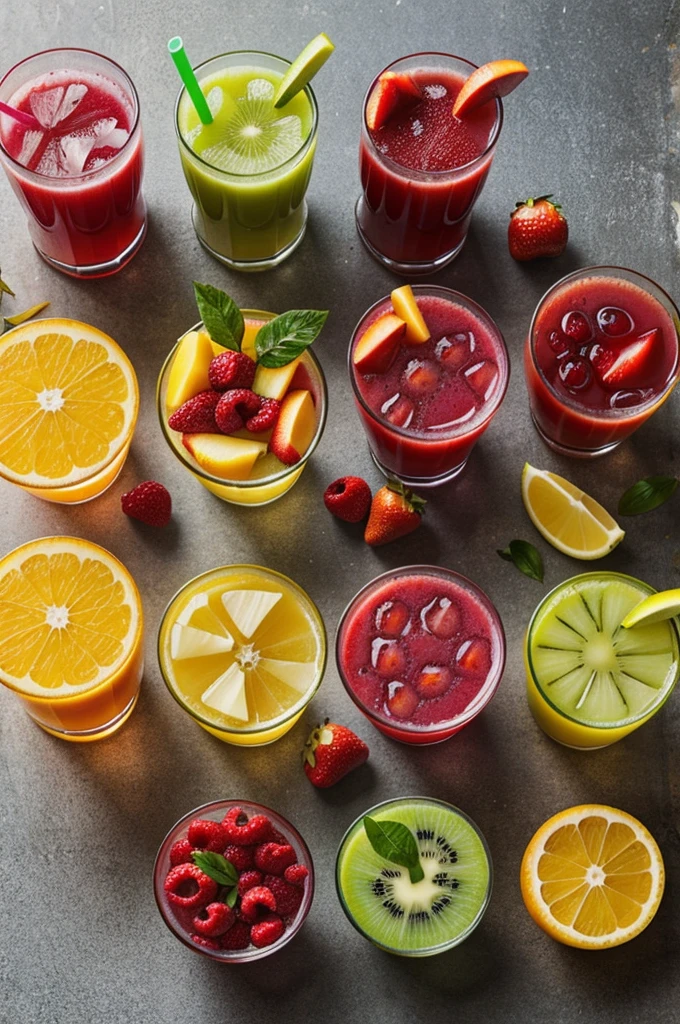Fruit juices with various fruits around