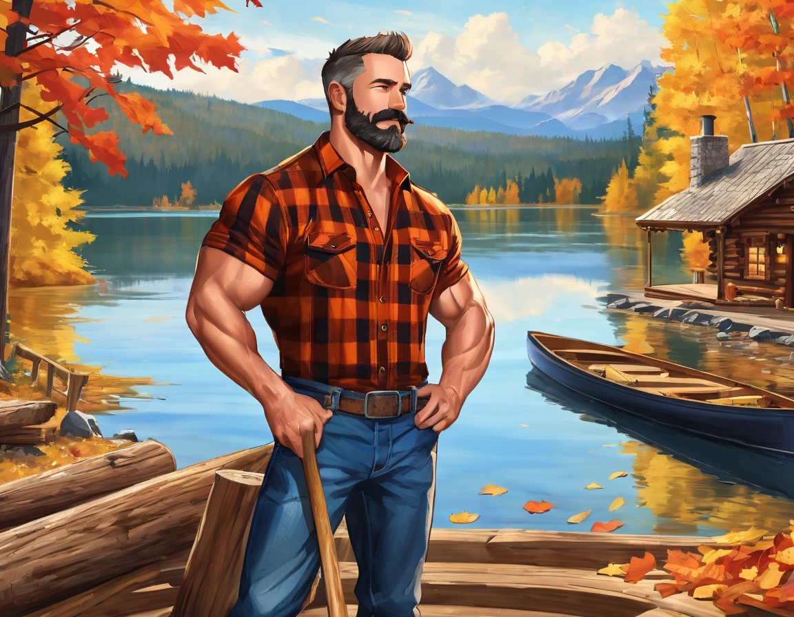 A handsome rugged man with big muscles, short random colored hair, well-manicured beard and mustache and big blue eyes. Wearing blue jeans and a flannel shirt. Chopping wood in front of a luxury log cabin next to a magnificent lake with a boat dock. It is Autumn and the trees are turning bright red, orange and yellow. Style of (Muscle Core:1.6). (Distant full body view:1.5). Hyper realistic photo, vibrant colors, 16k