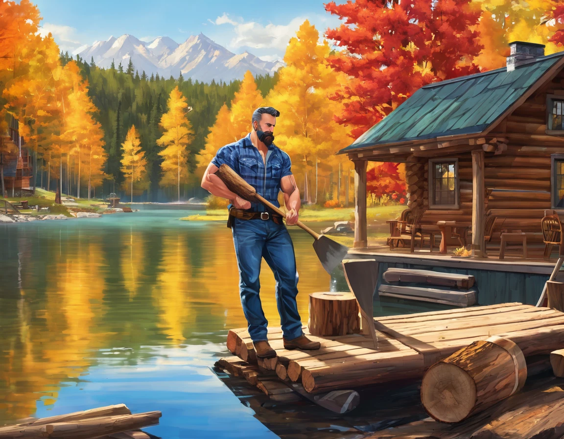 A handsome rugged man with big muscles, short random colored hair, well-manicured beard and mustache and big blue eyes. Wearing blue jeans and a flannel shirt. Chopping wood in front of a luxury log cabin next to a magnificent lake with a boat dock. It is Autumn and the trees are turning bright red, orange and yellow. Style of (Muscle Core:1.6). (Distant full body view:1.5). Hyper realistic photo, vibrant colors, 16k
