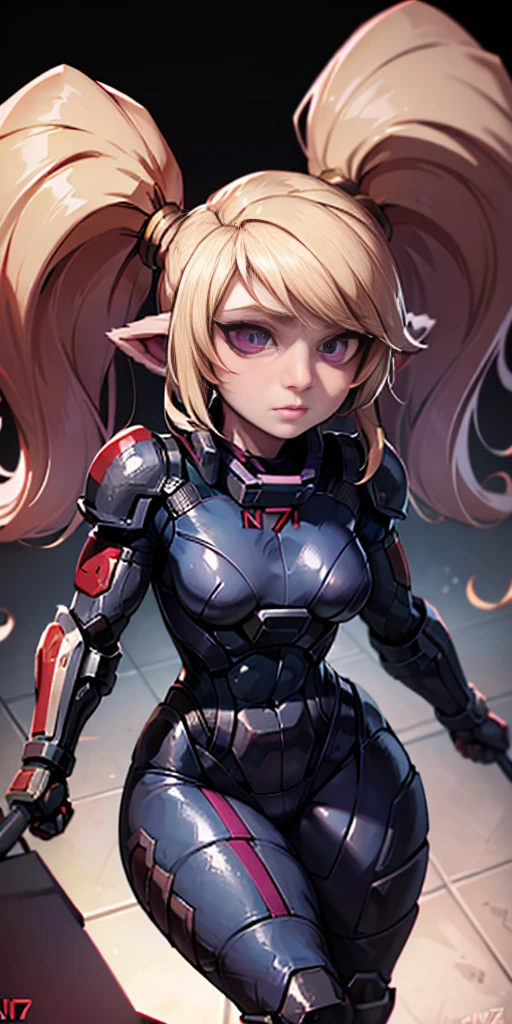 highly detailed, best quality, photography, Poppy from LOL, absurdness, beautiful face (detailed eyes, deep eyes) 1woman, blonde hair, twin tails, magenta eyes, short, wide hips, curvy, toned muscles (n7armor) inside a spaceship