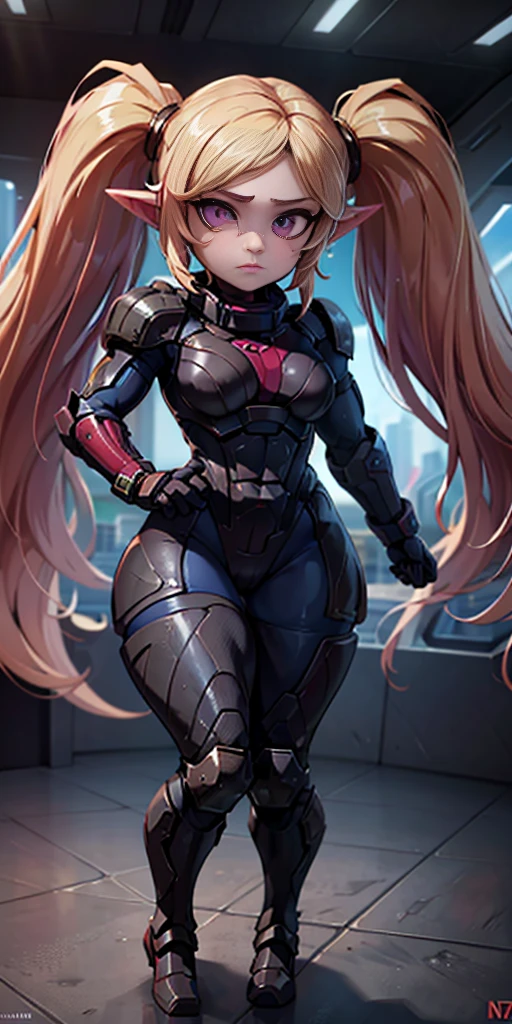 highly detailed, best quality, photography, Poppy from LOL, absurdness, beautiful face (detailed eyes, deep eyes) 1woman, blonde hair, twin tails, magenta eyes, short, wide hips, curvy, toned muscles (n7armor) inside a spaceship