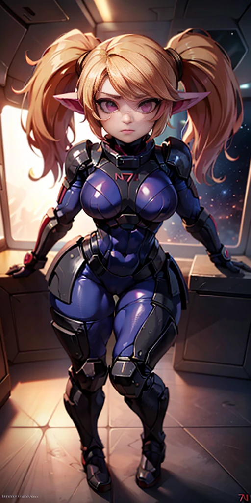 highly detailed, best quality, photography, Poppy from LOL, absurdness, beautiful face (detailed eyes, deep eyes) 1woman, blonde hair, twin tails, magenta eyes, short, wide hips, curvy, toned muscles (n7armor) inside a spaceship