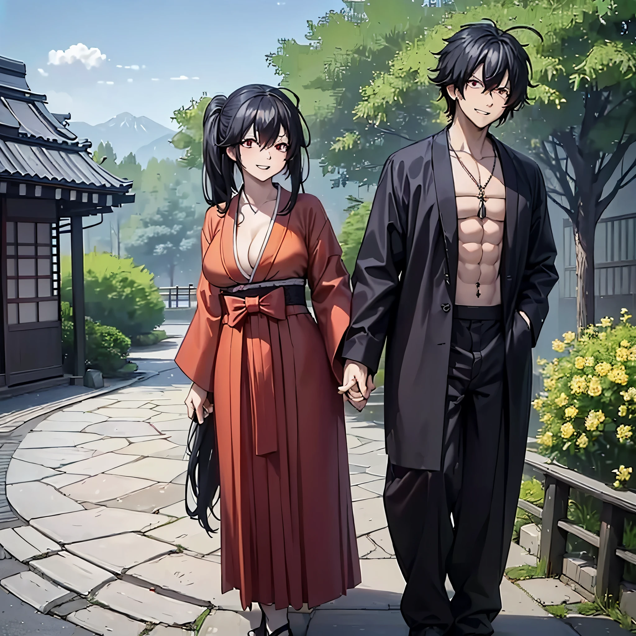 A man with his wife holding hands, smiling, (man wearing black hakama with traditional white details, traditional Japanese footwear, black hair, black eyes, muscular, smiling, perfect face, standing upright) (a woman wearing red kimono with golden details, flower design on the kimono, large breasts, black hair, long hair, pigtails, smiling, red eyes, standing posture), a man and his wife on a stone concrete sidewalk, traditional Japanese forest , Japanese garden, blue sky with clouds,UHD, masterpiece, accurate, anatomically correct, textured skin, super detail, high quality, best quality, 8k, high resolution, bokeh effect. (just a man with his wife),
