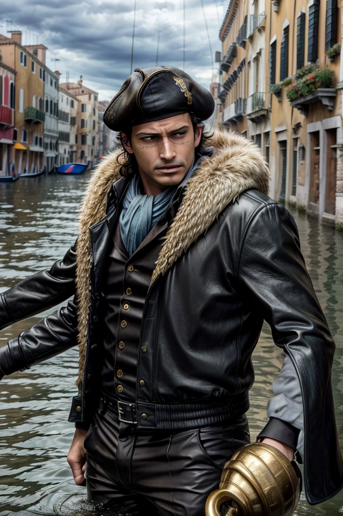 masterpiece, best quality, extremely detailed, hyperrealistic, photorealistic, a cool 40s man, ultra detailed face:1.2, fur-trimmed coat, scarf around the neck, his left hand is a golden pirate hook:1.1, venice, flood, the street is underwater, cloudy sky, dynamic angle, gritting own teeth, surprised:1.1