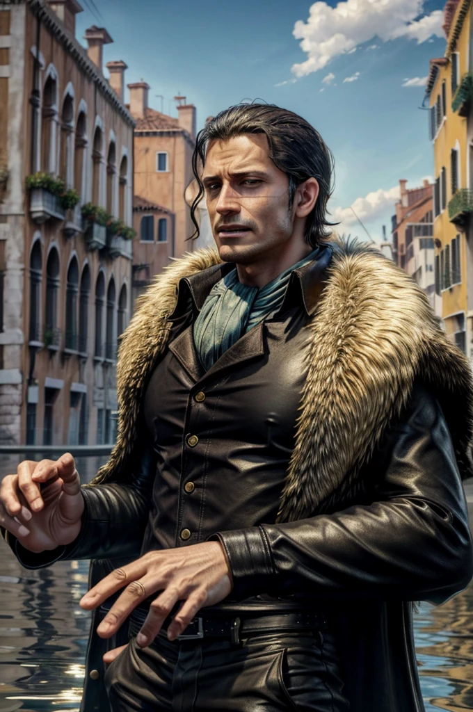 masterpiece, best quality, extremely detailed, hyperrealistic, photorealistic, a cool 40s man, ultra detailed face:1.2, fur-trimmed coat, scarf around the neck, his left hand is a golden pirate hook:1.1, venice, flood, the street is underwater, cloudy sky, dynamic angle, gritting own teeth, surprised:1.1