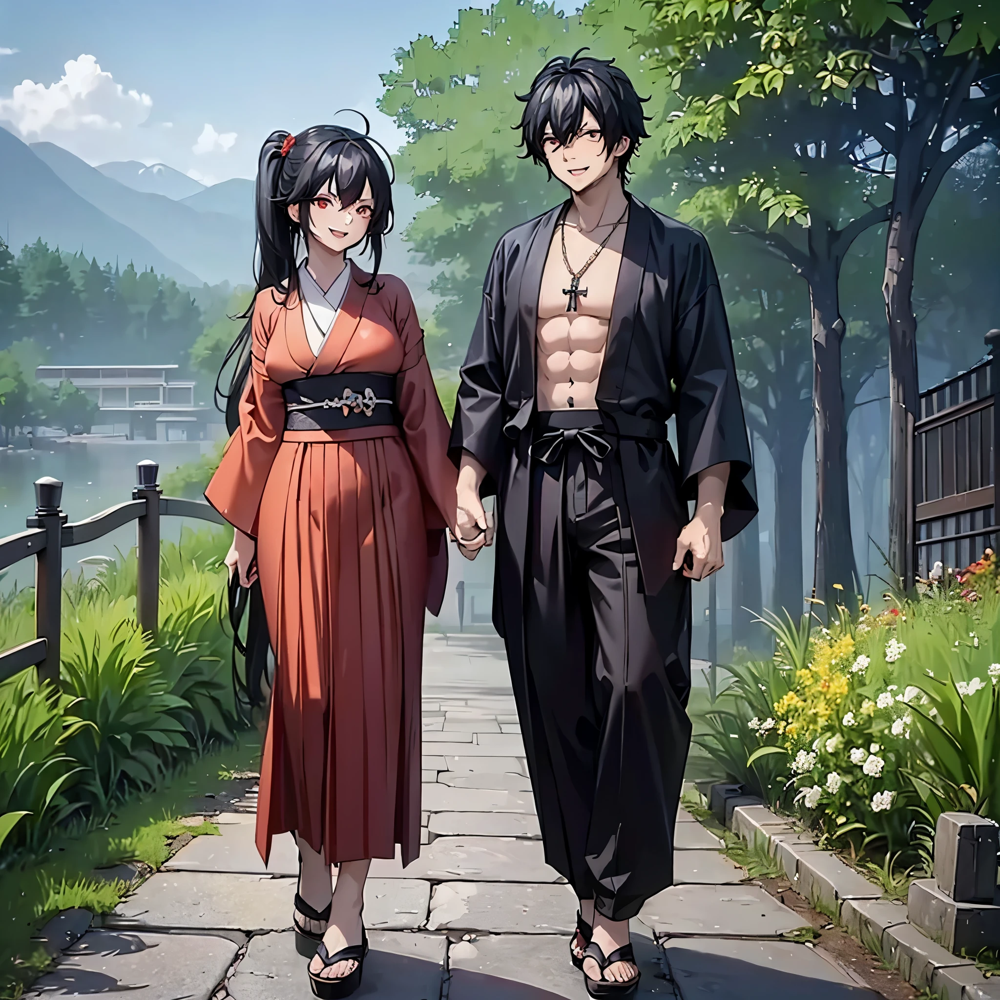 A man with his wife holding hands, smiling, (man wearing black hakama with traditional white details, traditional Japanese footwear, black hair, black eyes, muscular, smiling, perfect face, standing upright) (a woman wearing red kimono with golden details, flower design on the kimono, large breasts, black hair, long hair, pigtails, smiling, red eyes, standing posture), a man and his wife on a stone concrete sidewalk, traditional Japanese forest , Japanese garden, blue sky with clouds,UHD, masterpiece, accurate, anatomically correct, textured skin, super detail, high quality, best quality, 8k, high resolution, bokeh effect. (just a man with his wife),