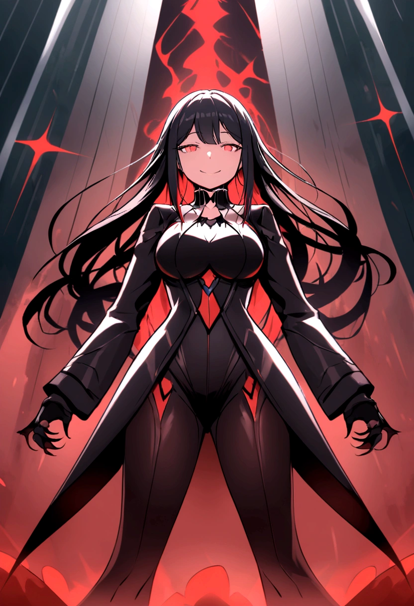 spawns a tall adult woman with long black hair and red eyes, futuristic black clothing using a dark toned jacket, a somewhat deranged smile and with a red aura of power