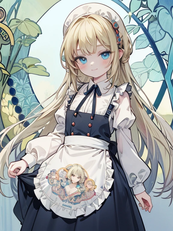 masterpiece, Highest quality, Very detailed, 16K, Ultra-high resolution, Cowboy Shot, Alice in Wonderland, (by Alfons Mucha:1.5), 10-year-old girl, Detailed face, smile, blue eyes, blonde, Braiding, Long Hair, Ribbon on head, Blue clothes, White apron, 大きなclockのある部屋で, clock, 壁clock, Music Box