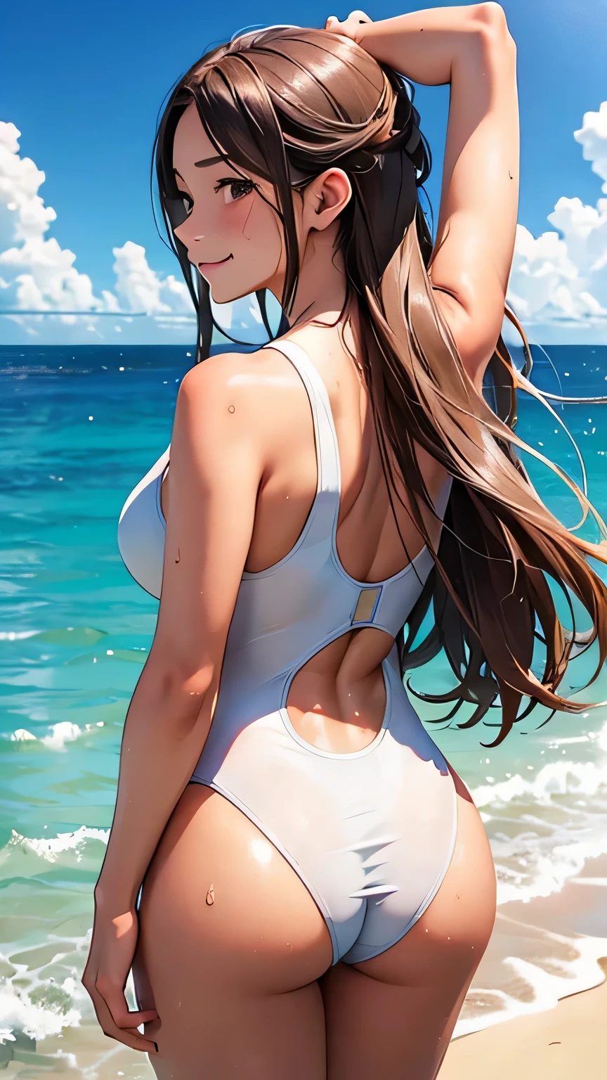 highest quality、Realistic、zoom、Chestnut Hair、Gray Eyes、long hair、One piece swimsuit、Sunburned、Tan、Brown Skin、Sweat、smile、、Ocean、Plump、Back view