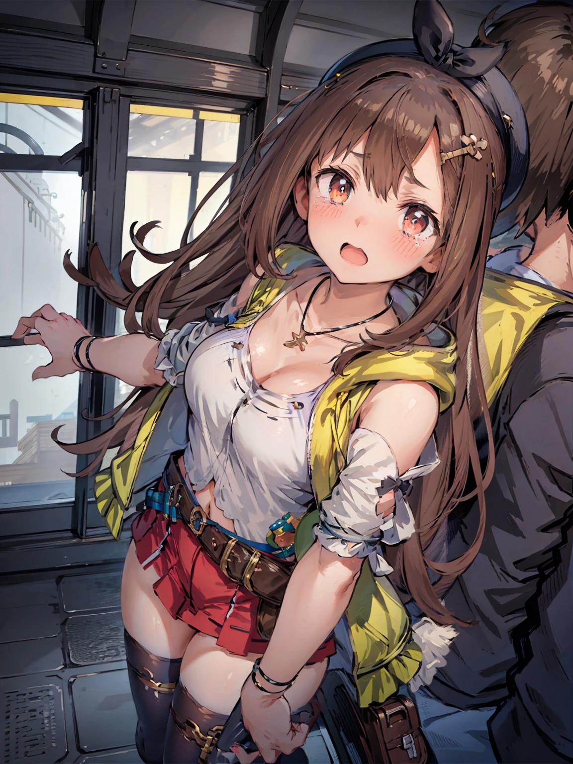 crowded train、One Woman、Cute Woman、A large number of passengers、Thick thighs、Best image quality、High resolution、masterpiece、super high quality、Pink Bra、Pink Panties、Big Ass、Large Breasts 、Blushing、4K quality、Reached orgasm、Wearing black knee socks、Heavy breathing、From directly below、from directly below、, 1girl, arm up, 1man, {{{man put hands on girl’s crotch}}}, train interior, crowded, weep face、(Positive prompt)
(1 girl)++, (masterpiece)+++, (best quality)+++, (ultra cute kawaii)+++, love live!, anime colored, , tears, (steam)+++ , be molested ,feigned ignorance, wearing blazer whiteshirt ,checked skirt , (turn up a shirt), misaligned bra ,arched back, crowded train, (many man standing behind girl )++, dynamic pose, Dynamic hand movements, (breast grab)+++, man's arm grabbing a girl's tits, (frying hands), (floating hands), (grabbing from behind),