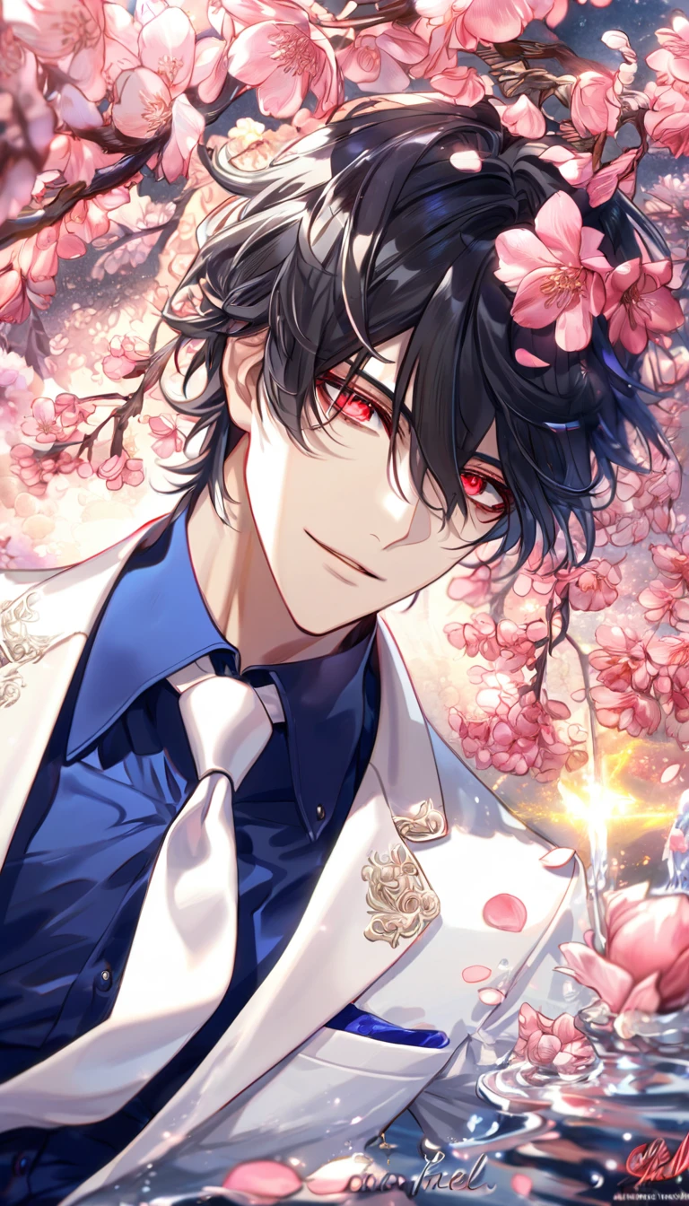 absurdres, highres, ultra detailed, HDR, master piece, best quality, Cadis Etrama Di Raizel, black hair, hair between the eyes, expressive red eyes, Noblesse, solo, sexy man, handsome, handsome smile, white jacket, blue shirt, white necktie, fantasy, shining, water, pink flowers, blossoms, magical, pink petals