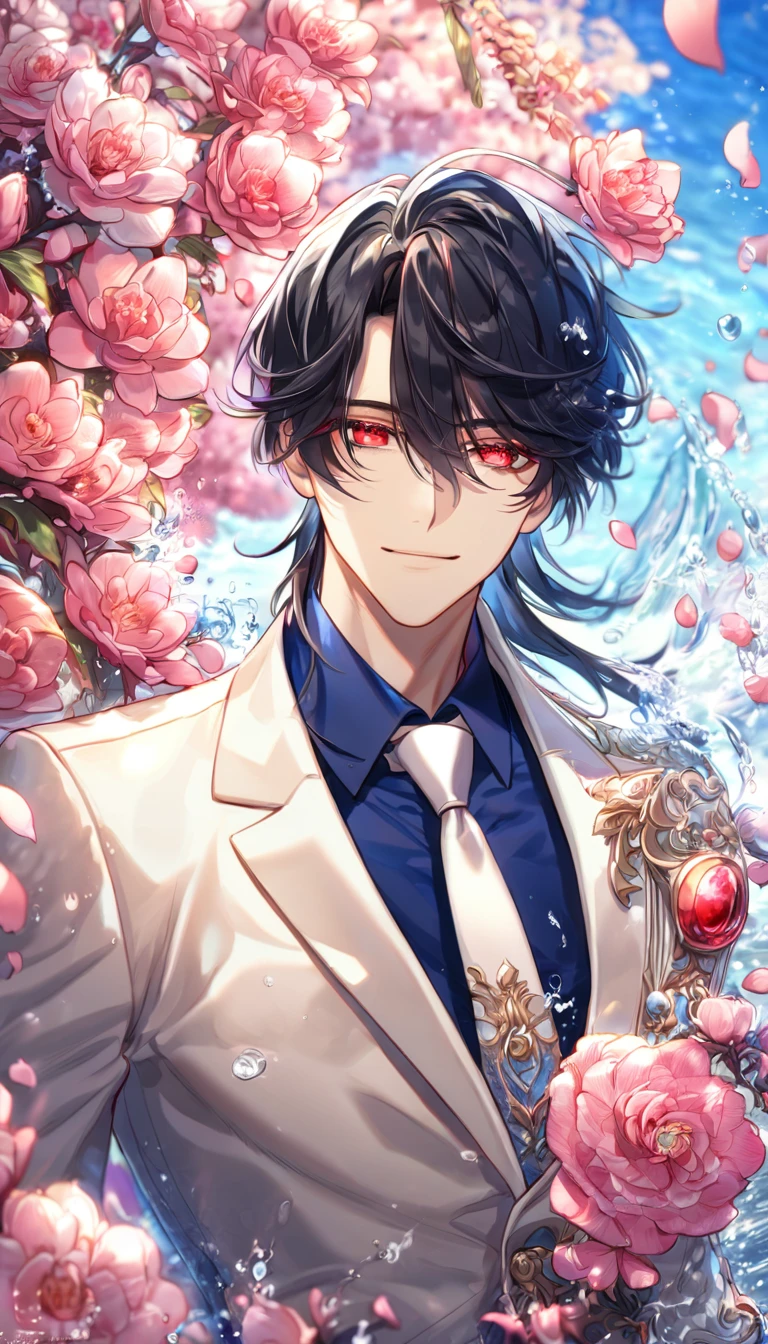 absurdres, highres, ultra detailed, HDR, master piece, best quality, Cadis Etrama Di Raizel, black hair, hair between the eyes, expressive red eyes, Noblesse, solo, sexy man, handsome, handsome smile, white jacket, blue shirt, white necktie, fantasy, shining, water, pink flowers, blossoms, magical, pink petals