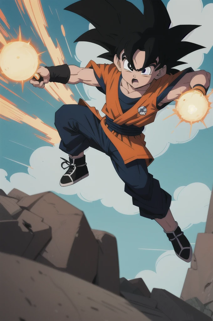 Manga style, illustration, line art style, high quality, manga masterpiece, highres, very detailed, digital illustration, small ??? Goku, Dragonball, black hair, spiked hair, real goku clothes orange color, black belt and black shoes, dougi, solo male , outdoors,fighting,