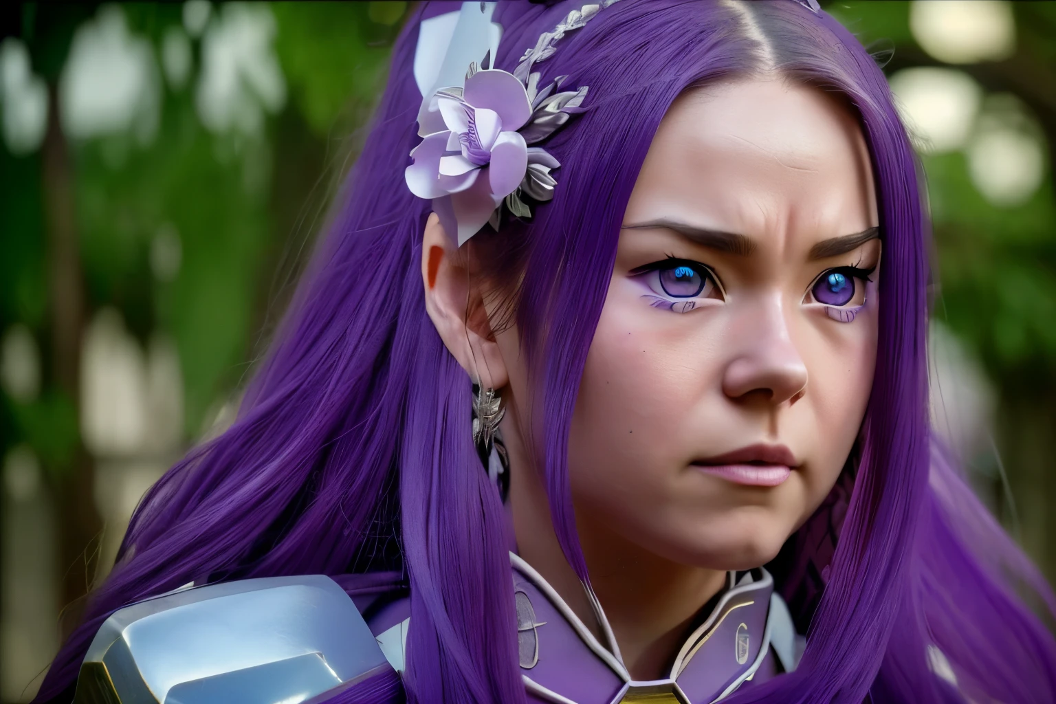 A beautiful girl with long purple hair, wearing a hair ribbon and flower ornaments, closed mouth expression, 1 girl, Emilia from Re:Zero, Optimus Prime, detailed face, detailed eyes, detailed lips, intricate details, highly detailed, 8k, best quality, masterpiece, photorealistic, cinematic lighting, vibrant colors, fantasy, science fiction, mecha, crossover