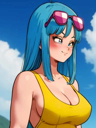 Maron_dbzgirl, blue hair, high resolution, best qualityer, work of art, 8K_definition, details Intricate, uhd, beautiful girl alone, ((in a tight yellow swimsuit)), busty deep cleavage, (hardnipples)), (light blue straight hair, fringes), large blue eyes, kind smile, (thick lips), ((blushed face)), big eyelashes, (((breast squeeze))), (sunglasses on hair), Sunnyday, sky background, clouds, ((Amazing details on the face)), foto em close, ((seen from the angle below))