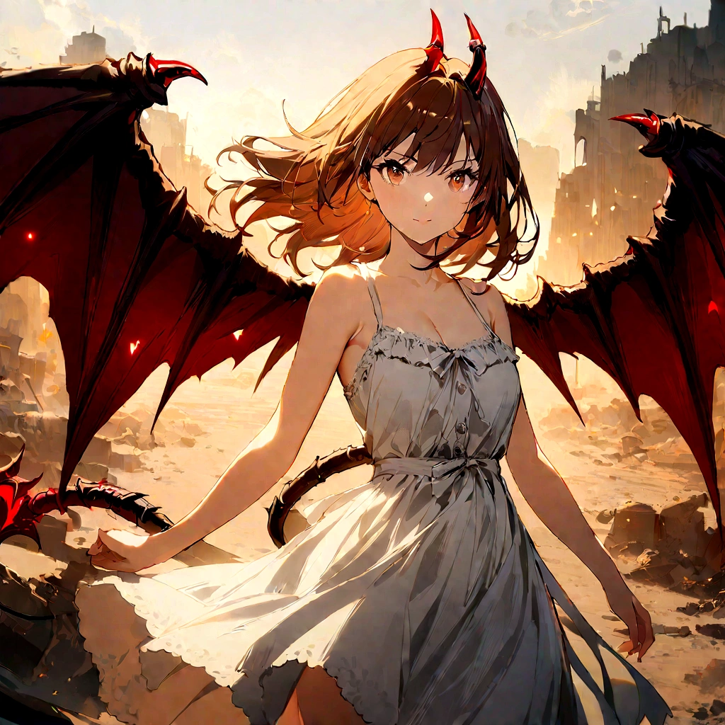 1Girl, dark-brown hair, hazel eyes. Pair of Devil wings dark. Demonic tail. Clothes sundress red. Wrathful. Background wasteland. Best quality(super good) good face