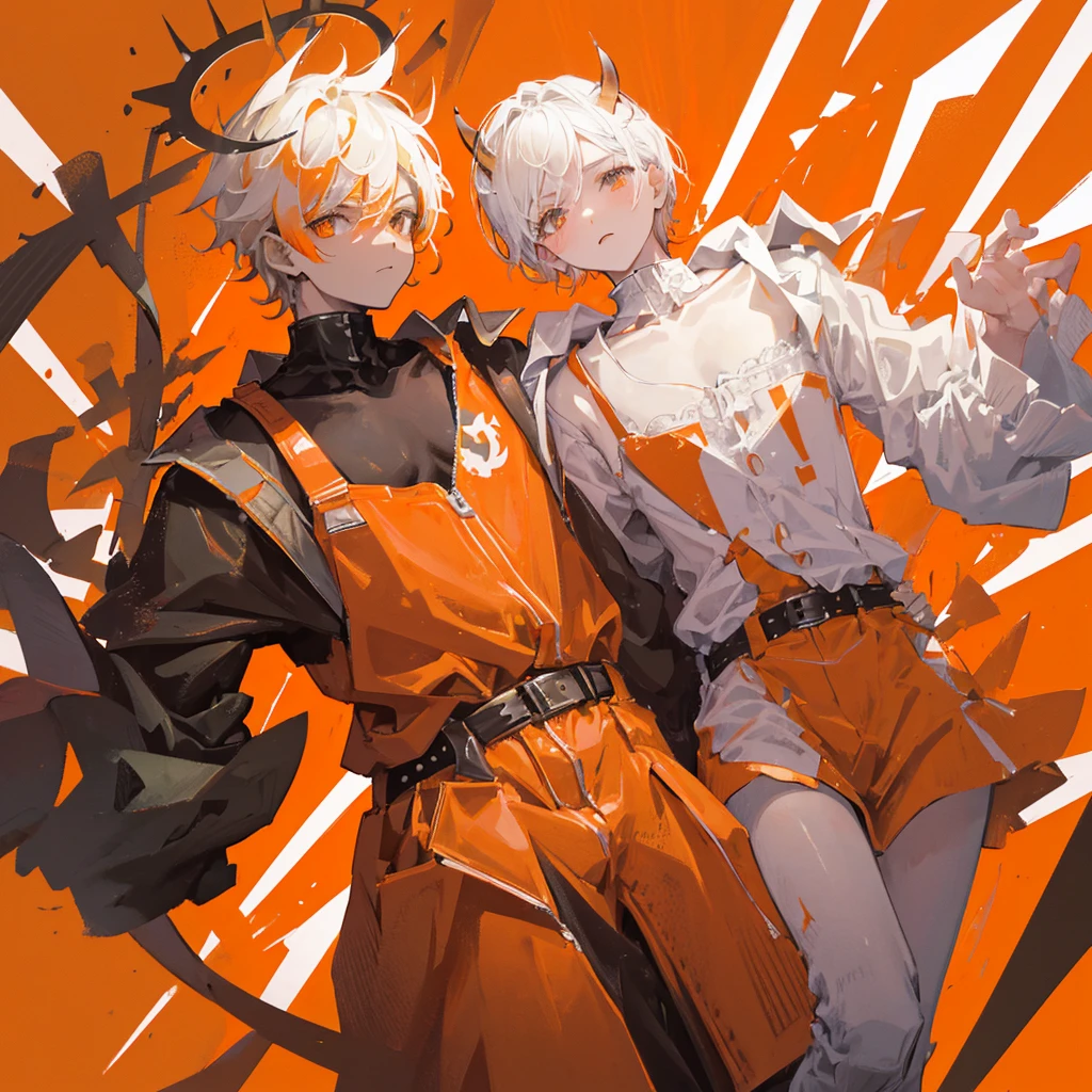 A human devil,juvenile,male,Spitfire,White short hair,Orange clothes,((Solid orange background))