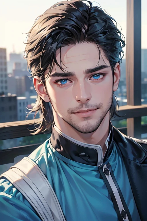 a handsome 35 year old man, 3 day beard, dark hair, sharp jawline, (mesmerizing blue eyes), perfectly styled hair, wearing cool anime outfitt, dynamic lighting, (CEO), (expression, smile in love), (best quality,4k,8k,highres,masterpiece:1.2),ultra-detailed,(realistic,photorealistic,photo-realistic:1.37)