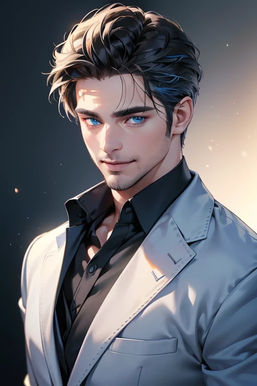 a handsome 35 year old man, 3 day beard, dark hair, sharp jawline, (mesmerizing blue eyes), perfectly styled hair, wearing cool anime outfitt, dynamic lighting, (CEO), (expression, smile in love), (best quality,4k,8k,highres,masterpiece:1.2),ultra-detailed,(realistic,photorealistic,photo-realistic:1.37)