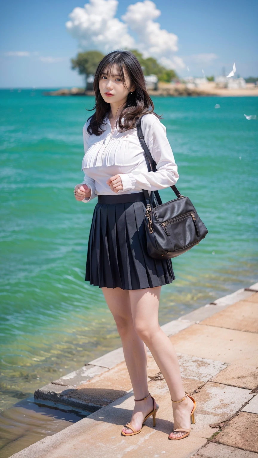 ((Viewing angle from below:1.52、Highest quality、masterpiece、32k、Every detail))、(((A strong wind blows up her hair and skirt:1.62)))、Descend the outdoor stairs、commute、Systemic symptoms、Traditional navy blue sailor uniform、White blouse、(((Mini Pleated Skirt, No underwear:1.22)))、(( I always wear the strap of my bag across my body..:1.22))、One Girl, alone、((((Big Breasts:1.44、barefoot, High heels))))