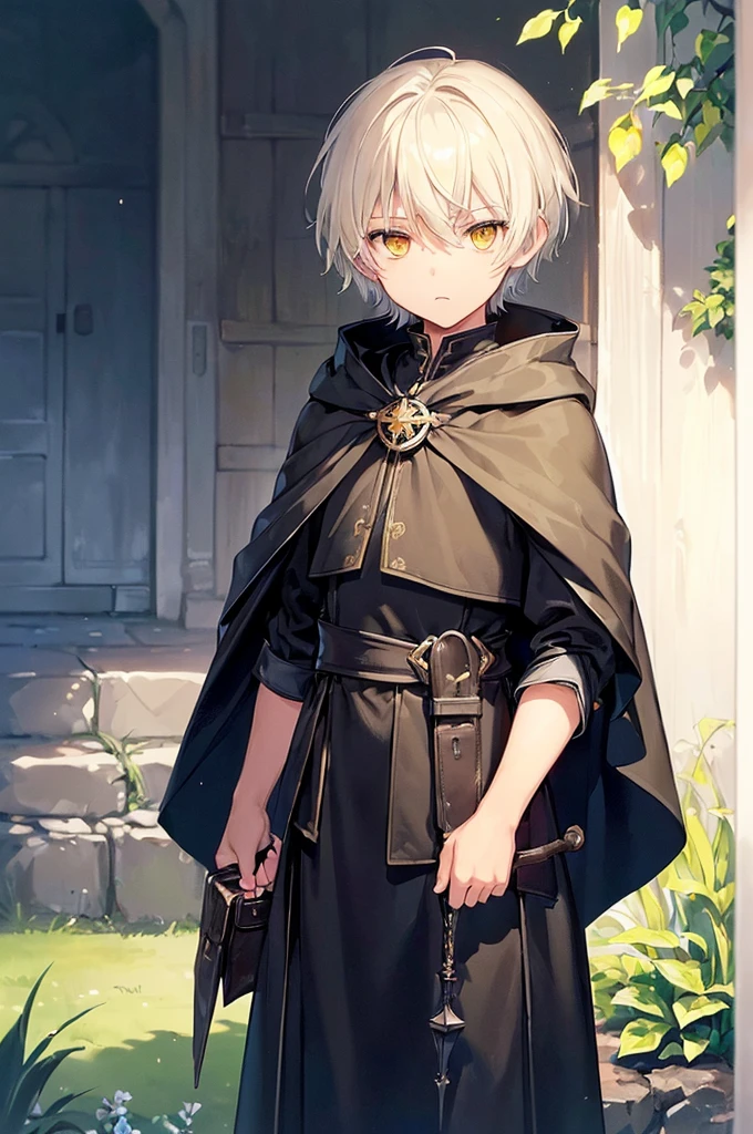 (masterpiece; best quality: 1.2), (finely detailed eyes: 1.3), ((10 year old male kid)), ((solo)), (yellow eyes: 1.4), (body; short, slender: 1.3), (short white hair: 1.3), (beautiful and clear background: 1.2), ((depth of field)), (clothes: traveler dark spellblade attire + black cloak + pouches and satchel: 1.3), (anime illustration: 1.2), (background; garden exterior: 1.1), (extremely fine and handsome: 1.1), (shot composition; standing + centered on torso + close-up: 1.5), (expression; calm, stoic: 1.2)