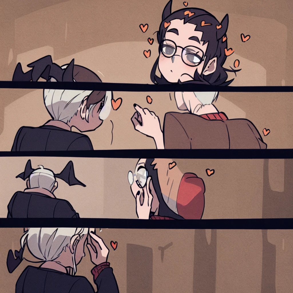 masterpiece, best quality, (helltaker:1),Dark wavy hair, Large curved horns on head, Glasses with round frames, neutral facial expression, Small bat-like wings their back, Wearing a dark sweater,small heart-shaped pendant around neck, Black nail polish, dark hair