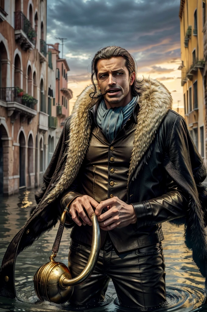 masterpiece, best quality, extremely detailed, hyperrealistic, photorealistic, a cool 40s man, ultra detailed face:1.2, fur-trimmed coat, scarf around the neck, his left hand is a golden pirate hook:1.1, venice, flood, the street is underwater, cloudy sky, dynamic angle, surprised:1.1, open mouth, gritting own teeth