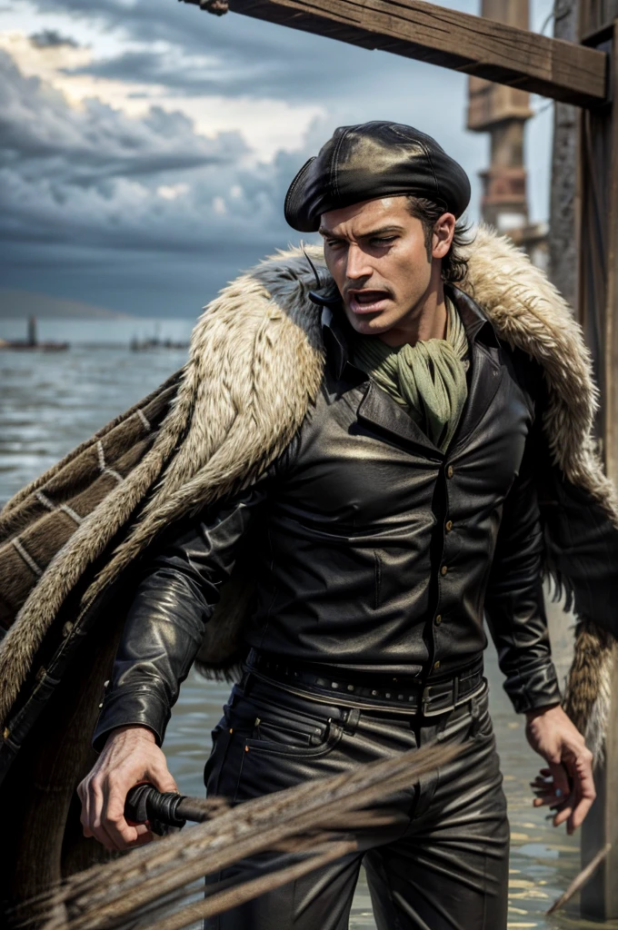 masterpiece, best quality, extremely detailed, hyperrealistic, photorealistic, a cool 40s man, ultra detailed face:1.2, fur-trimmed coat, scarf around the neck, his left hand is a golden pirate hook:1.1, venice, flood, the street is underwater, cloudy sky, dynamic angle, surprised:1.1, open mouth, gritting own teeth