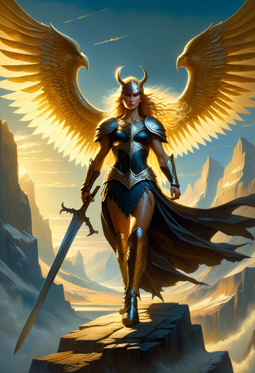 full body image, Norse mythology, Valkyrie Woman warrior with great wingspan striking sword, art by Patrick J. Jones, Donato Giancola, Frank Frazetta, Bastien Lecouf-Degarme, Jean-Baptiste Monk, dark, moody, true masterpiece art, golden hour, photorealistic painting, cinematic.