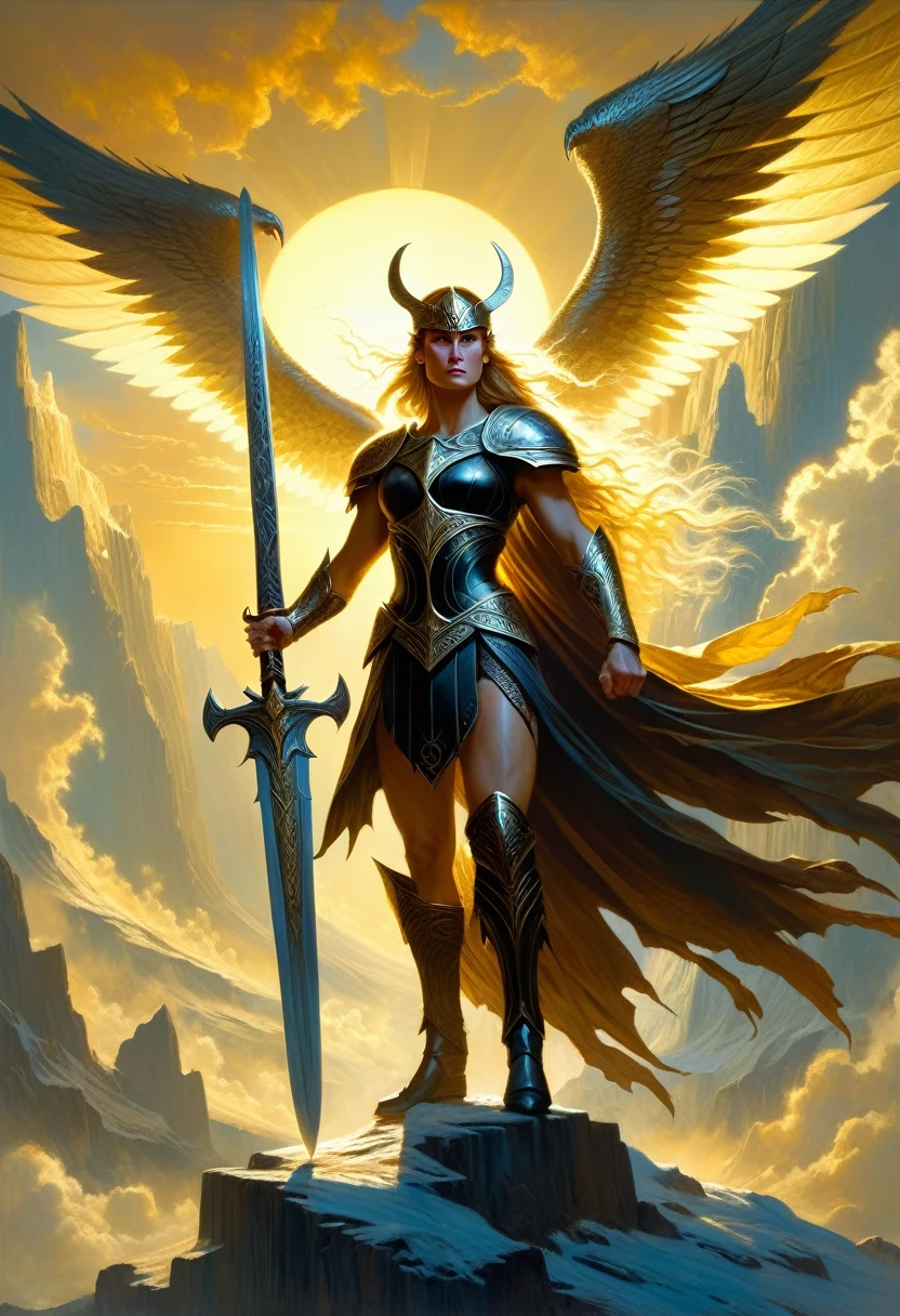 full body image, Norse mythology, Valkyrie Woman warrior with great wingspan striking sword, art by Patrick J. Jones, Donato Giancola, Frank Frazetta, Bastien Lecouf-Degarme, Jean-Baptiste Monk, dark, moody, true masterpiece art, golden hour, photorealistic painting, cinematic.