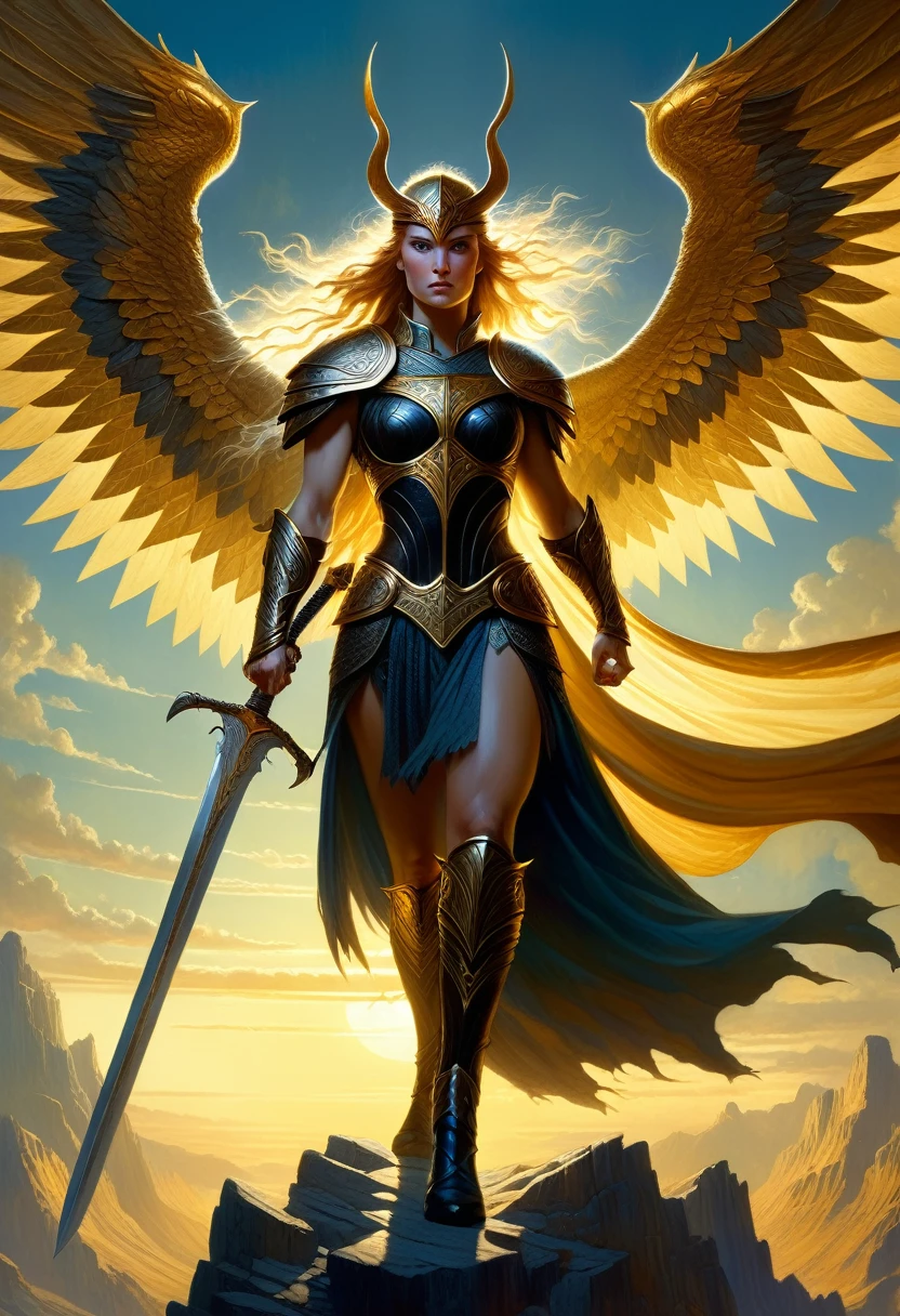 full body image, Norse mythology, Valkyrie Woman warrior with great wingspan striking sword, art by Patrick J. Jones, Donato Giancola, Frank Frazetta, Bastien Lecouf-Degarme, Jean-Baptiste Monk, dark, moody, true masterpiece art, golden hour, photorealistic painting, cinematic.