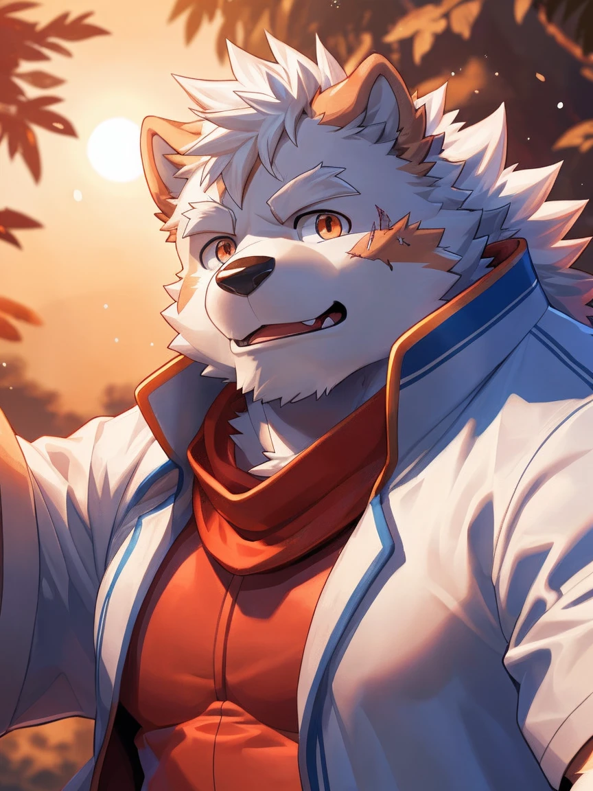 human nature, Wildlife, male,18 years old， solitary, ((Round Face, The face is plump,Orange eyes,Thick white hair，With wounds)), ((Endomorph, Handsome，enthusiasm)), (Sportswear，Light blue and white coat，Wearing a mask), ((domestic 犬, Dog Orc，) Fluffy fur, Fluffy), Bokeh, (high quality, high resolution, masterpiece), (Dynamic Lighting, Vibrant colors，Natural fill light), (Revitalize，Disdain，aggressive), Full body picture (close up), cartoon, author：Takemoto Arashi, From zixiong, By Chunni, author：Empty Ghost，（background：Sunset Jungle）