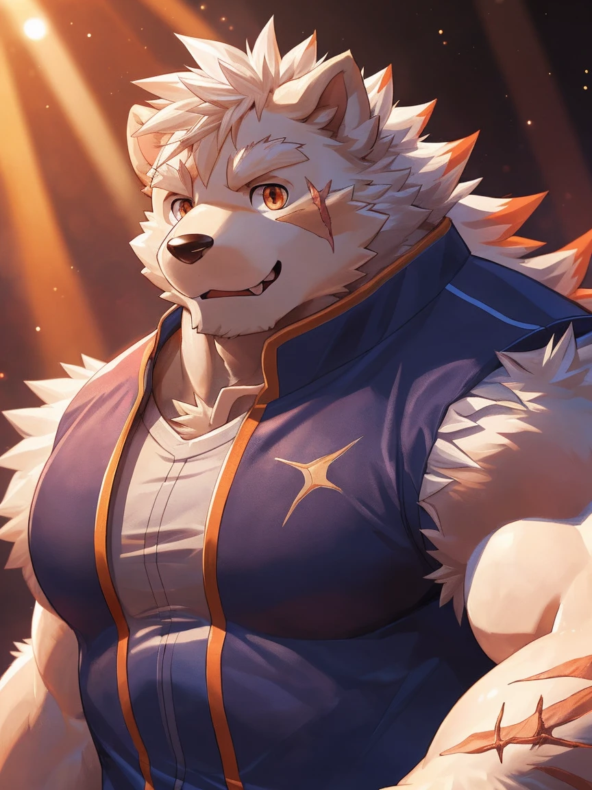 human nature, Wildlife, male,18 years old， solitary, ((Round Face, The face is plump,Orange eyes,Thick white hair，With wounds)), ((Endomorph, Handsome，enthusiasm)), (Sportswear，Light blue and white coat，Wearing a mask), ((domestic 犬, Dog Orc，) Fluffy fur, Fluffy), Bokeh, (high quality, high resolution, masterpiece), (Dynamic Lighting, Vibrant colors，Natural fill light), (Revitalize，Disdain，aggressive), Full body picture (close up), cartoon, author：Takemoto Arashi, From zixiong, By Chunni, author：Empty Ghost，（background：Sunset Jungle）