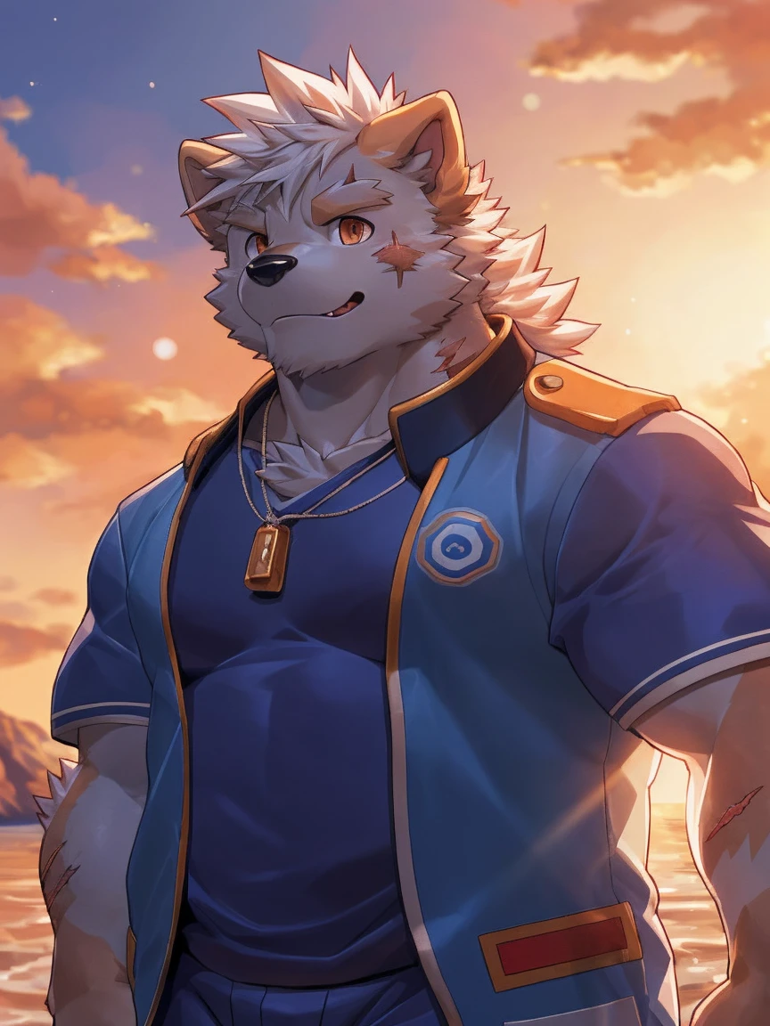 human nature, Wildlife, male,18 years old， solitary, ((Round Face, The face is plump,Orange eyes,Thick white hair，With wounds)), ((Endomorph, Handsome，enthusiasm)), (Sportswear，Light blue and white coat，Wearing a mask), ((domestic 犬, Dog Orc，) Fluffy fur, Fluffy), Bokeh, (high quality, high resolution, masterpiece), (Dynamic Lighting, Vibrant colors，Natural fill light), (Revitalize，Disdain，aggressive), Full body picture (close up), cartoon, author：Takemoto Arashi, From zixiong, By Chunni, author：Empty Ghost，（background：Sunset Jungle）