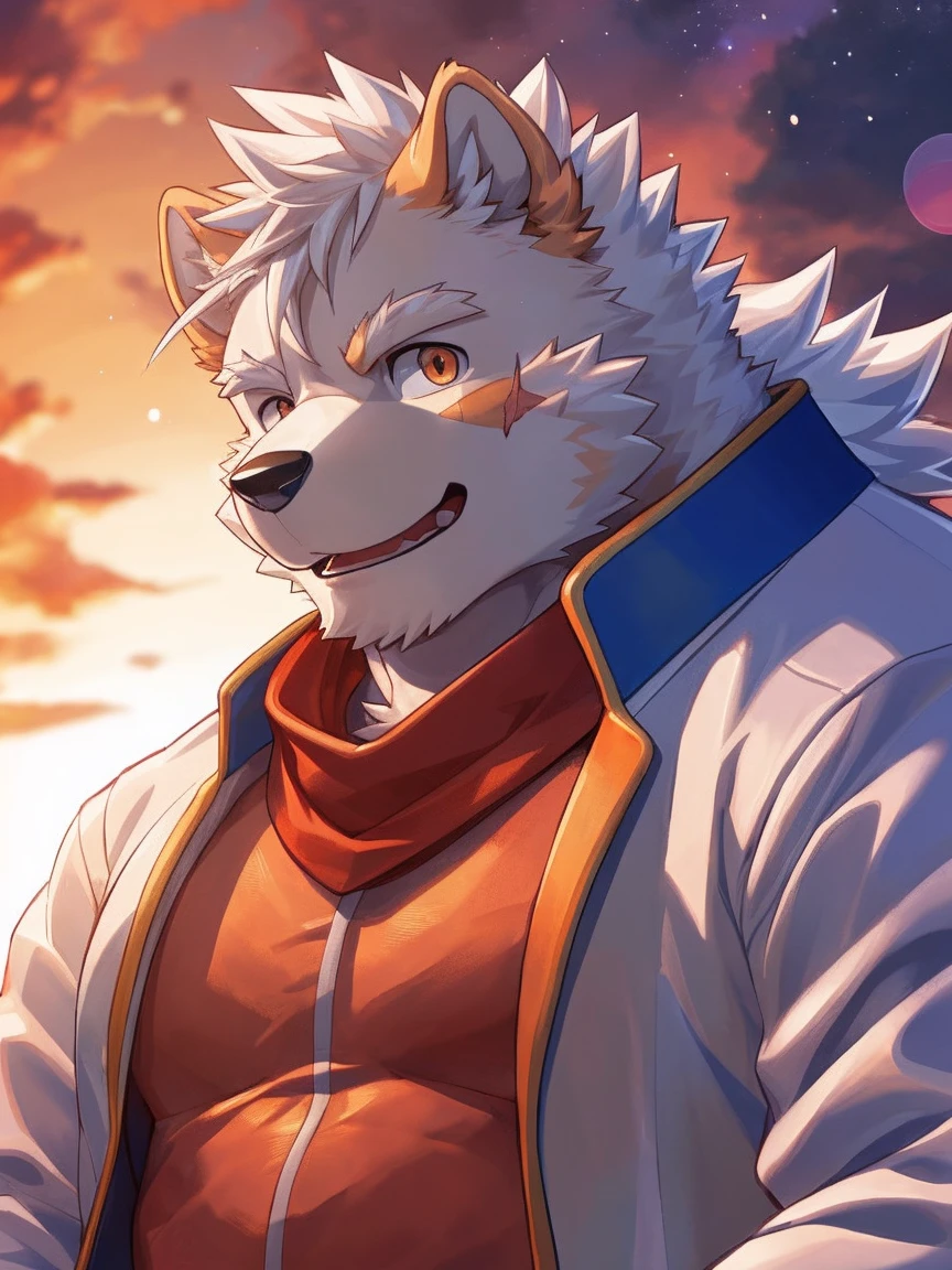 human nature, Wildlife, male,18 years old， solitary, ((Round Face, The face is plump,Orange eyes,Thick white hair，With wounds)), ((Endomorph, Handsome，enthusiasm)), (Sportswear，Light blue and white coat，Wearing a mask), ((domestic 犬, Dog Orc，) Fluffy fur, Fluffy), Bokeh, (high quality, high resolution, masterpiece), (Dynamic Lighting, Vibrant colors，Natural fill light), (Revitalize，Disdain，aggressive), Full body picture (close up), cartoon, author：Takemoto Arashi, From zixiong, By Chunni, author：Empty Ghost，（background：Sunset Jungle）