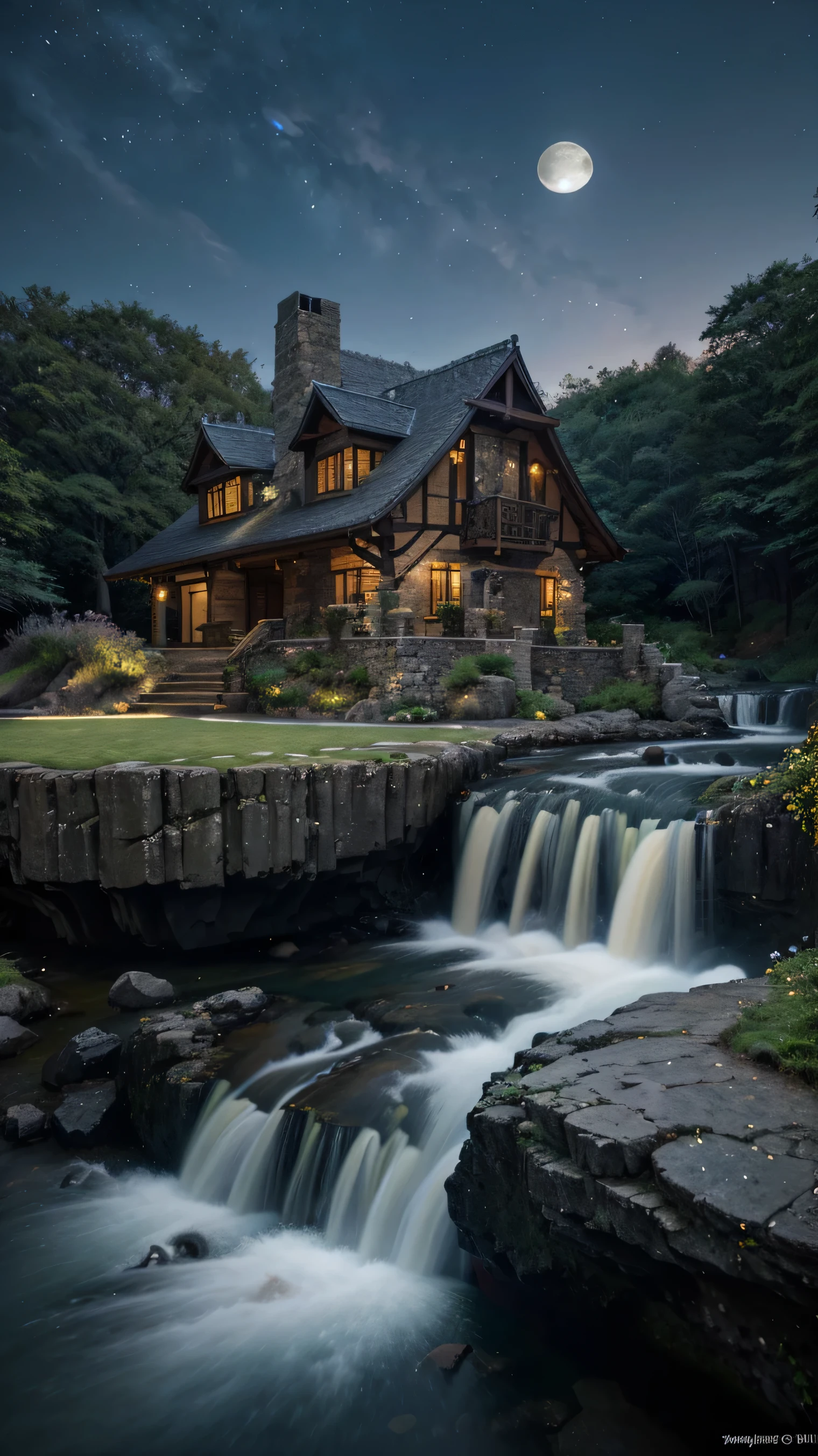 Highest quality,Aké, arch, corner, rockerie, wood, water flowing, landscape, Outdoor, waterfall, Pasture, rock, stream, moon, Night Sky, Night view, hot spring, vapor, Great composition, darkness, moonlight, High-resolution details, masterpiece, Highest quality, (High-definition CG integrated 8K wallpaper), (Highest quality)