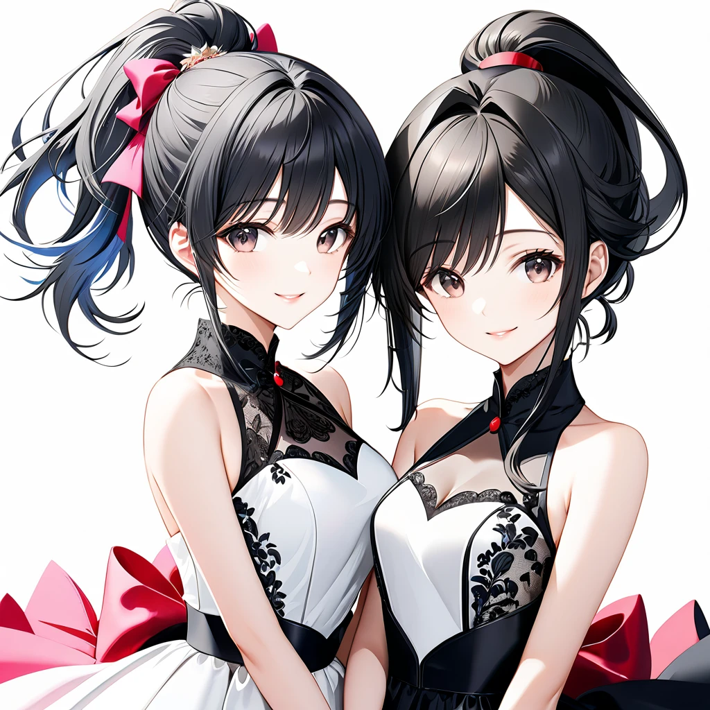 (((White Background:1.5)))、(Very wide shot)、(masterpiece、Ultra HD、Highest quality、masterpiece、４hair:1.2)、Slender body、  Intricate details, Highly detailed fingers、Black hair ponytail、Pale pink elegant dress, Intricate details、smile、Front face,from the front、(((Two beautiful girls)))、
