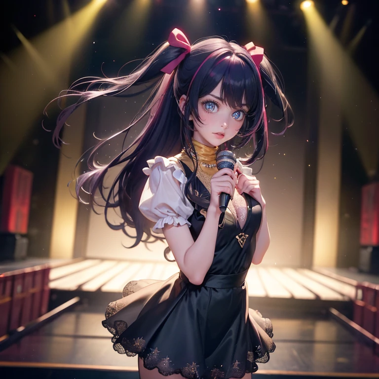 1girl, Ai Hoshino_(Oshi no Ko), centered girl, perfectly body, perfectly hands, solo, jewelry, magenta roses, rabbit jewel on her hair, ornament hair, twintails, rabbit jewel on her hair, purple hair, long hair, long flowing hair, floating hair, ornament hair, perfectly body, perfectly hands, rose on hair, magenta rose on hair, Looking at the audience, flowing hair, Beautiful Eyes, Plump and glossy lips, Idol, black dress with too many frills, black dress, magenta laces, black Short skirt, small skirt, black skirt with layers, Drape clothes, magenta gem, Lace trim, bright stage, luxury gold details, gold jewelry, more details, best quality, Big sparkling eyes, blushing, black Striped Lace Stockings, black Lolita skirt, sparkle, solo, centered girl, cowboy shot, perfectly body, perfectly hands, two arms, two legs, two hands, five fingers, perfect anatomy, glowing hair, magenta roses, on the stage, sparkles, more details on her clothes, black dress with transparency, golden details on her dress, night, holding a microphone, ((4k, masterpiece, top-quality)), 8k, best quality, high resolution, UHD, (illustration:0.8), super cute girl, delicate and beautiful face, mature girl, super cute hairstyle, (beautiful detailed eyes:1.6), extremely detailed face, perfect lighting, extremely detailed CG, (perfect hands, perfect anatomy), Best quality, cleavage