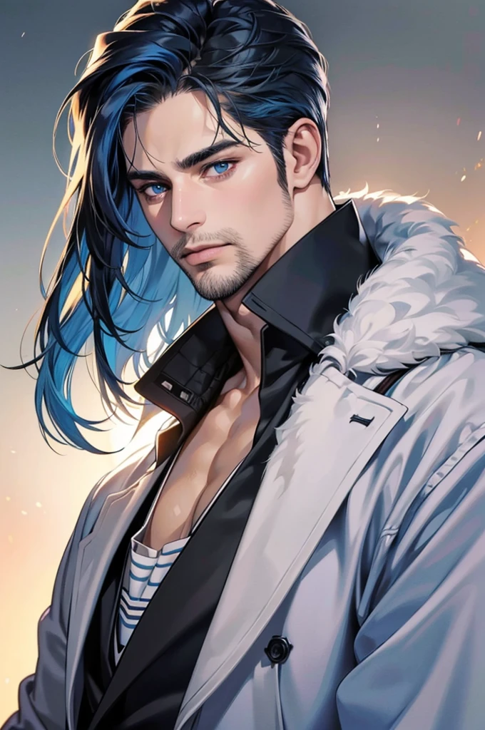 (best quality,4k,8k,highres,masterpiece:1.2),ultra-detailed,(realistic,photorealistic,photo-realistic:1.37),30 year old man,3 day beard,handsome anime,portraits,strong,masculine,dark blue hair,sharp jawline,mesmerizing eyes,perfectly styled hair,short hair, cool anime outfit,confident expression,vibrant colors,dynamic lighting