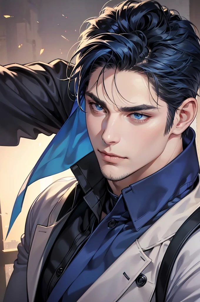 (best quality,4k,8k,highres,masterpiece:1.2),ultra-detailed,(realistic,photorealistic,photo-realistic:1.37),30 year old man,3 day beard,handsome anime,portraits,strong,masculine,dark blue hair,sharp jawline,mesmerizing eyes,perfectly styled hair,short hair, cool anime outfit,confident expression,vibrant colors,dynamic lighting