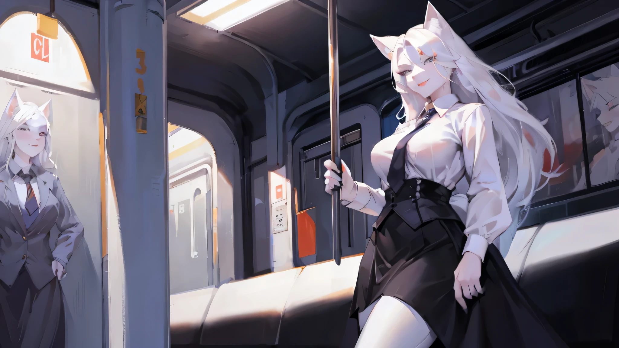 Loona from Helluva Boss, female white wolf, anthro, white hair, grey eyes, adult, tall female, white shirt with tie, black skirt with black pantyhose, inside a train, subway, standing, sadistic smile, detailed, solo, beautiful, high quality, 4K