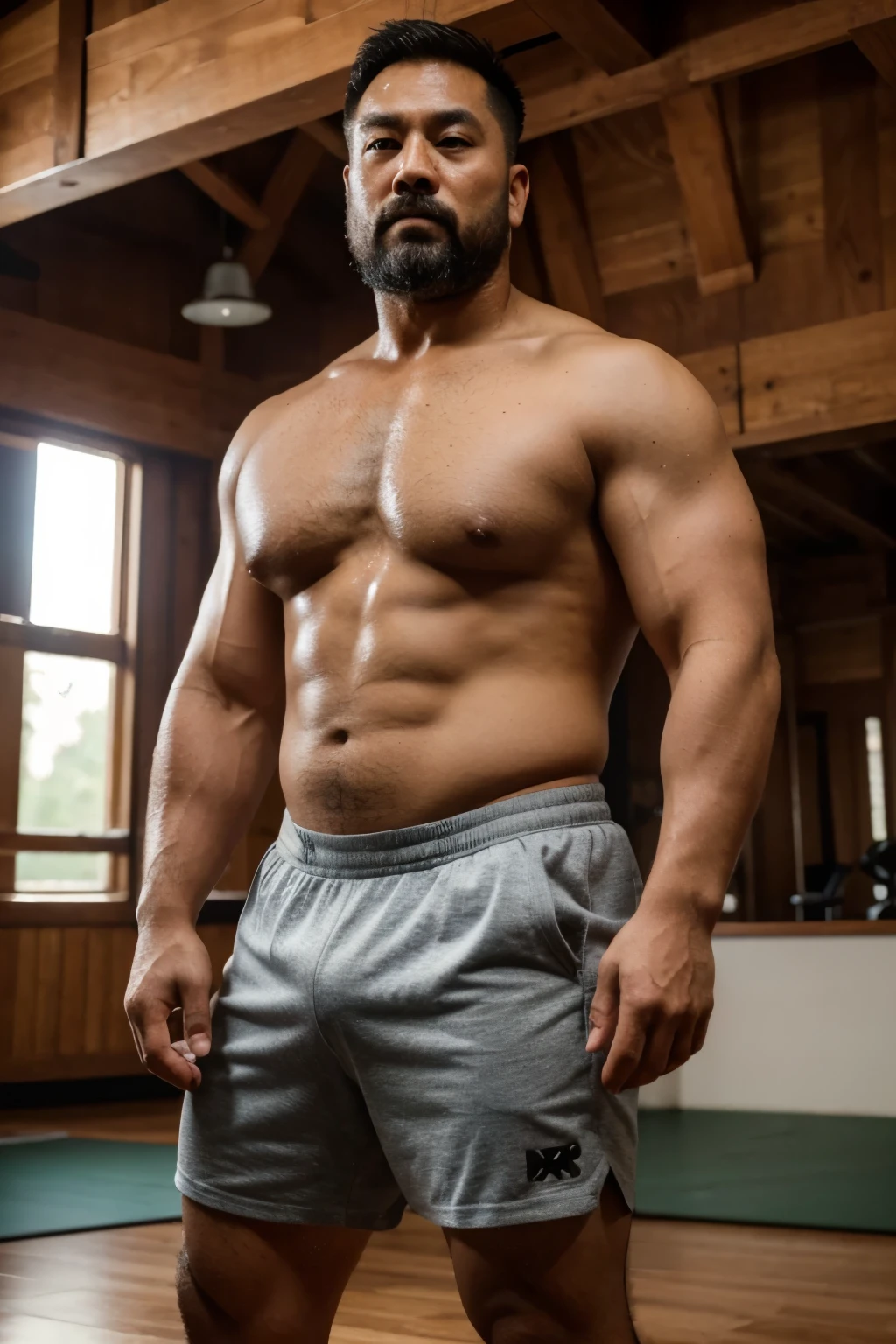 A wild plump chinese uncle man, (65 years old daddy:1.1), 1boy, Solo, handsome, nerdy, stubbles, small eyes, detailed eyes:1.1, big round face shape, (Detailed face:1.3), short hair, (Best quality, A high resolution, Photorealistic), Masterpiece, in the gym, RAW photo, Intricate details, hdr, depth of field, full body shot, macho, sweat, manliness, short trunk, bear style, masculine, exertion, height: 170cm, erection, bulge, shirtless, tough man, real man, beefy man