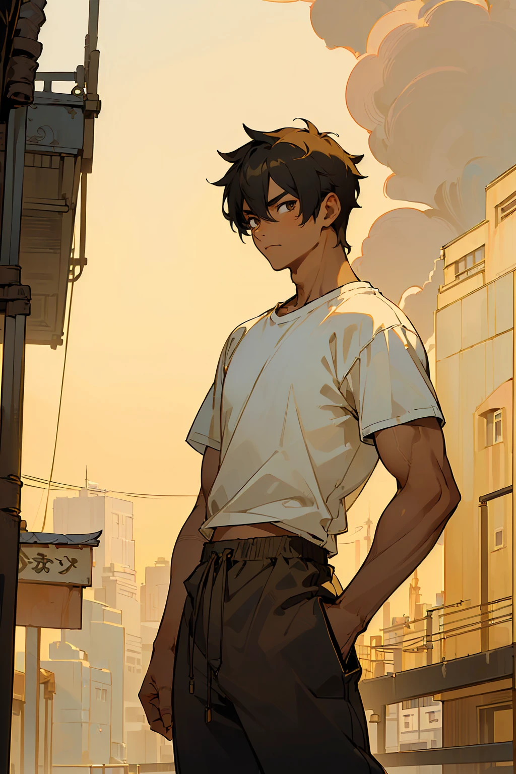 ((((masterpiece,best quality,1boy,male focus,masculine,looking at viewer,solo,closed mouth,ager,muscle,muscular,samurai,katana)))),(black hair,short messy hair),((pitch black eyes,perfect eyes,bags under eyes,perfect face,calm demeanor)),(((modern clothing,t-shirt,white t-shirt,baggy black pants,jogger pants,golden skin color,standing still,caramel skin color))),((city background,buildings,stores,street,afternoon,cloudy sky))