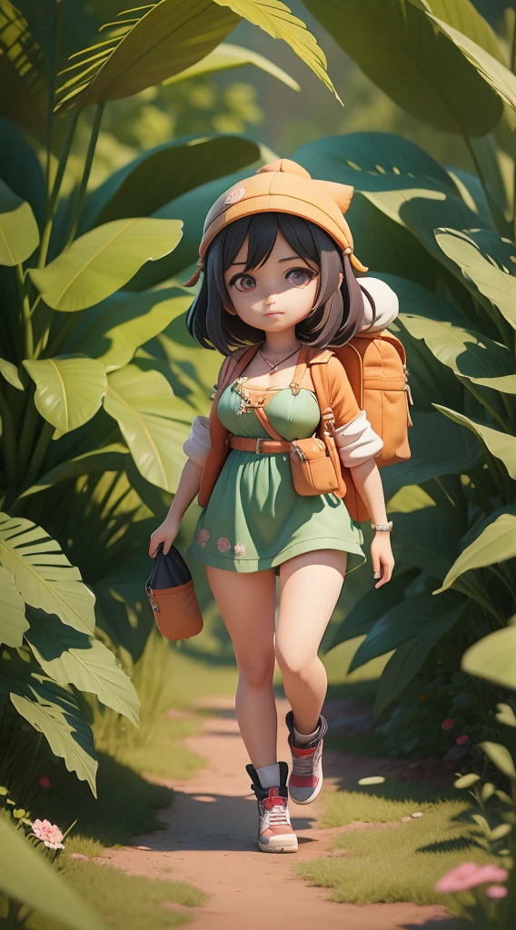 There is a poster with a cartoon character in a hat and backpack, female explorer mini cute girl, walking in the wilderness, cleavage, flower jungle, animation style rendering, cute 3 D rendering, small characters. Unreal Engine 5, stylized anime, cute detailed digital art, Atey Ghailan 8 K, stylized 3D rendering, adventure surreal rendering, anime style 3D, 3D rendering stylized