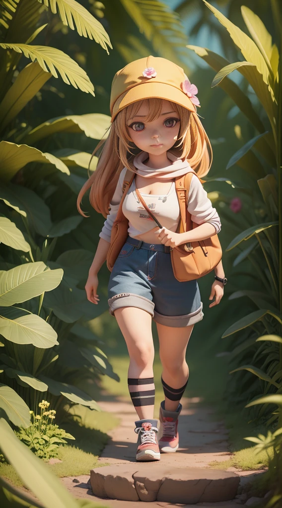 There is a poster with a cartoon character in a hat and backpack, female explorer mini cute girl, walking in the wilderness, cleavage, flower jungle, animation style rendering, cute 3 D rendering, small characters. Unreal Engine 5, stylized anime, cute detailed digital art, Atey Ghailan 8 K, stylized 3D rendering, adventure surreal rendering, anime style 3D, 3D rendering stylized