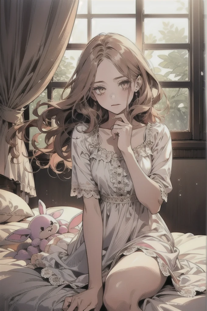 (top quality, best quality, beautiful and aesthetic:1.2), (1girl:1.3), wavy long hair, light brown hair, honey eyes, portrait, looking at viewer, solo, (full body:0.6), detailed background, close up (girly room theme:1.1), shy, sweet, sitting at bed, pink and white nightgown, bunny plushie, messy sheets, soft (room interior:1.1) background, window lacy curtains in background, morning soft lighting, wind from window