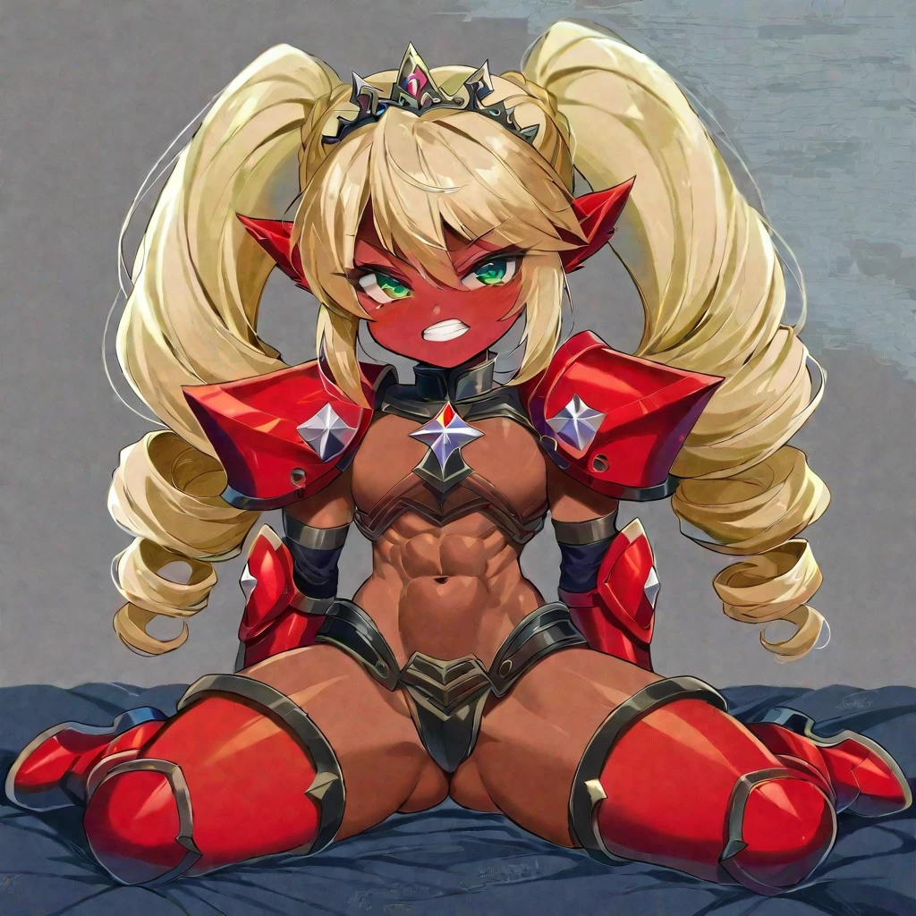  Lancer Artoria body (Alexis Texas Face), elegant adult female, blonde, green eyes (yellow eyelashes) crown, turtleneck, full body sitting on a bench, showing ass to me, RED breastplate, RED skin (1SologirlRED skin:1.2), looking at viewer, shiny, armor, thigh highs, high boots, pauldrons shoulder armor, faulds, poleyn, RED gloves gauntlets, rerebrace, RED military armored boots, yordle muscular lean platinum blonde long twin tails hairstyle at the bedroom lustful smirking smile face red blushed, blush, strong abs, female body builder, tiara, twin drills hair, (masterpiece, best quality, ultra detailed, best shadow)