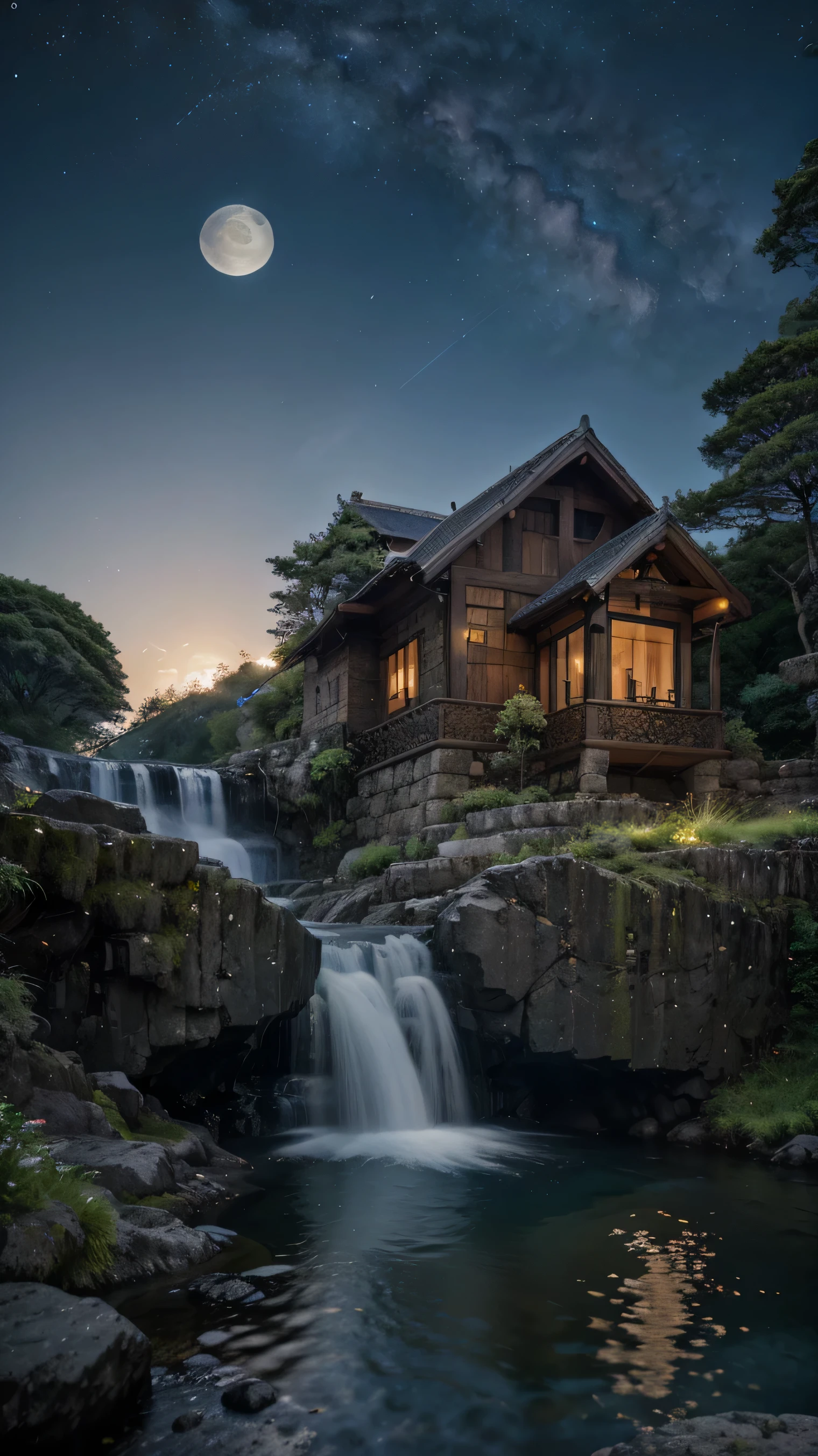 Aké, arch, corner, rockerie, wood, water flowing, landscape, Outdoor, waterfall, Pasture, rock, stream, moon, Night Sky, Night view, hot spring, vapor, Great composition, darkness, moonlight, High-resolution details, masterpiece, Highest quality, (High-definition CG integrated 8K wallpaper), (Highest quality)