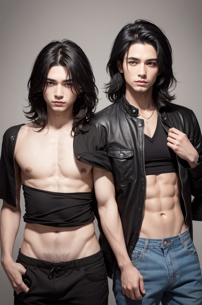 Two male lovers, one with black hair that goes down to his waist with black eyes and a cold look, the other has short 2d wavy hair with soft white skin and eyes